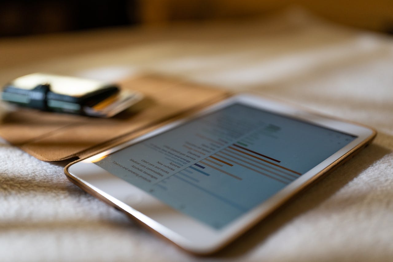 Close-up of a tablet displaying financial graphs on a soft white surface, ideal for business concepts.